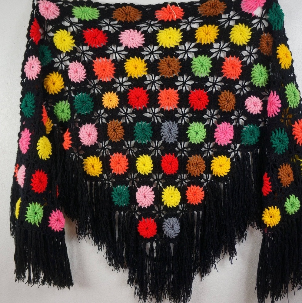 SOLD ON ETSY 60's Granny Square Shawl Colorful Long Fringed - Picture 2 of 8